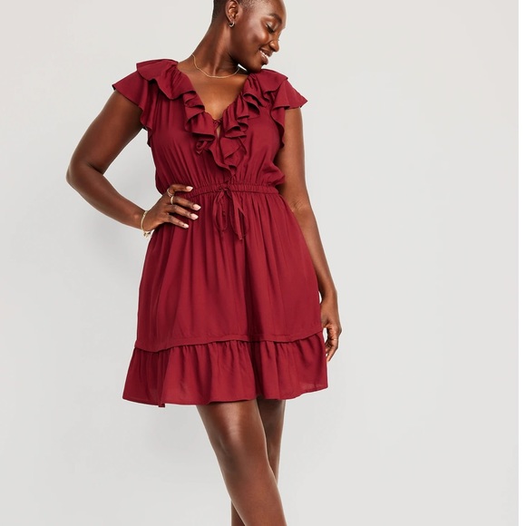 NWT OLD NAVY Waist-Defined Ruffle-Trim Mini Dress Color: Red Red Wine - Picture 3 of 8